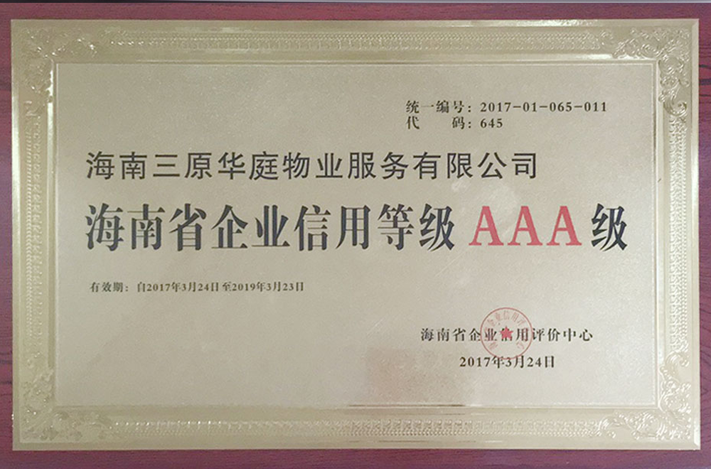 海南省企业信用等级AAA级-2017年
